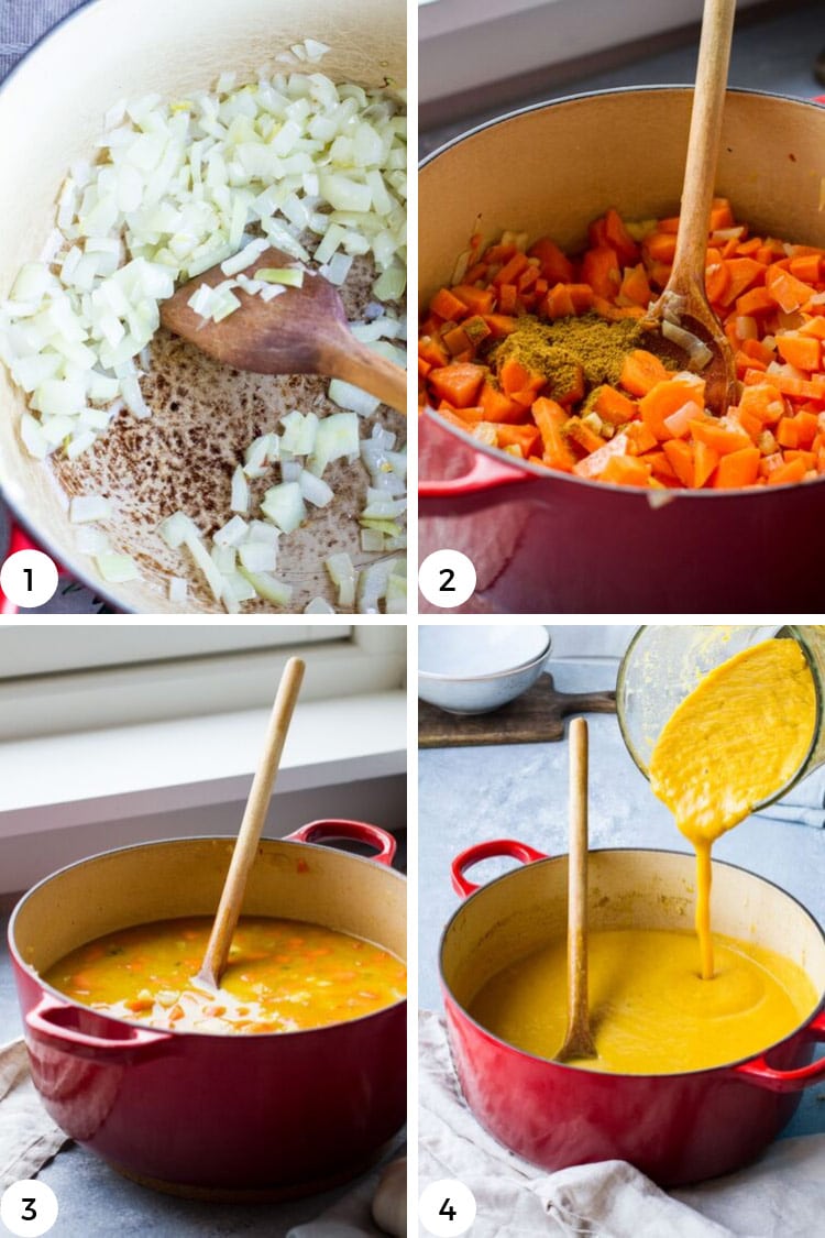 Step by step to make curry coconut carrot soup.