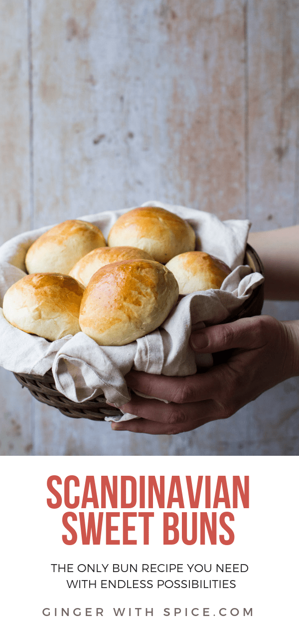 Pinterest pin. Hands holding a basket of sweet rolls.