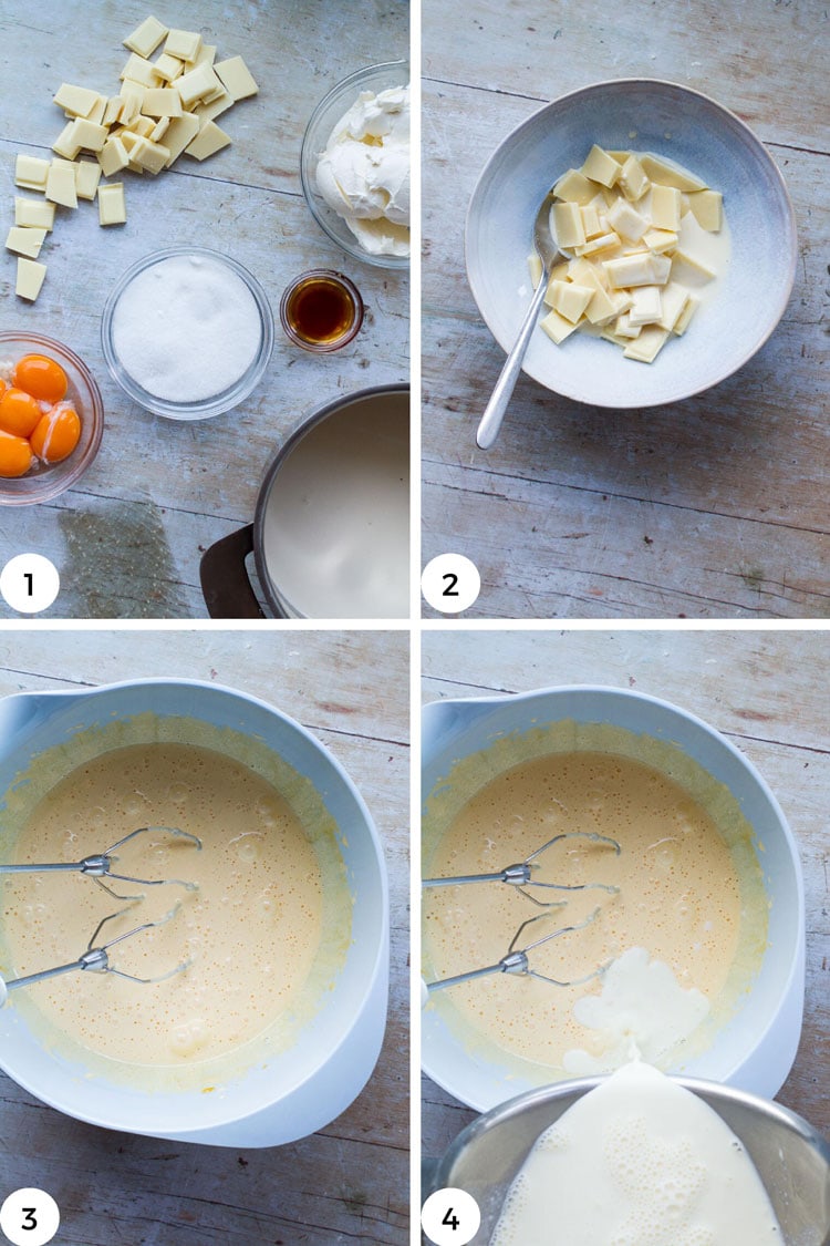 How to make white chocolate mousse, steps 1-4.
