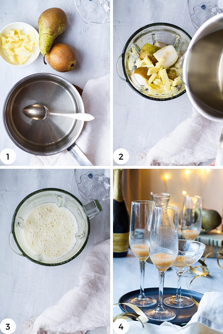 Steps to make a ginger pear bellini.