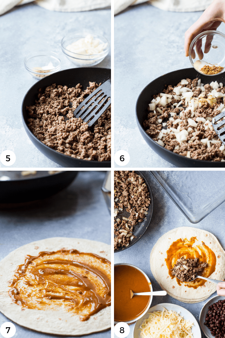Step by step photos as to how to brown beef and smear enchilada sauce.