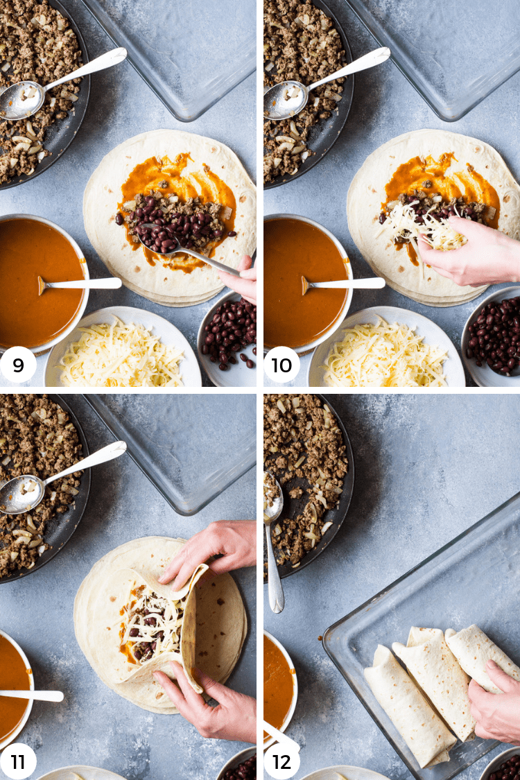 Step by step as to how to roll a beef enchilada tortilla.