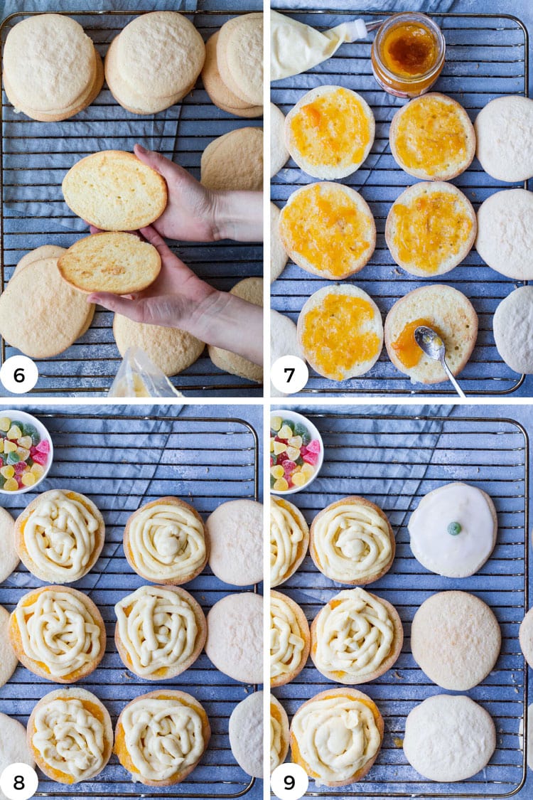Steps to assemble the rum pastry cream soft cakes.