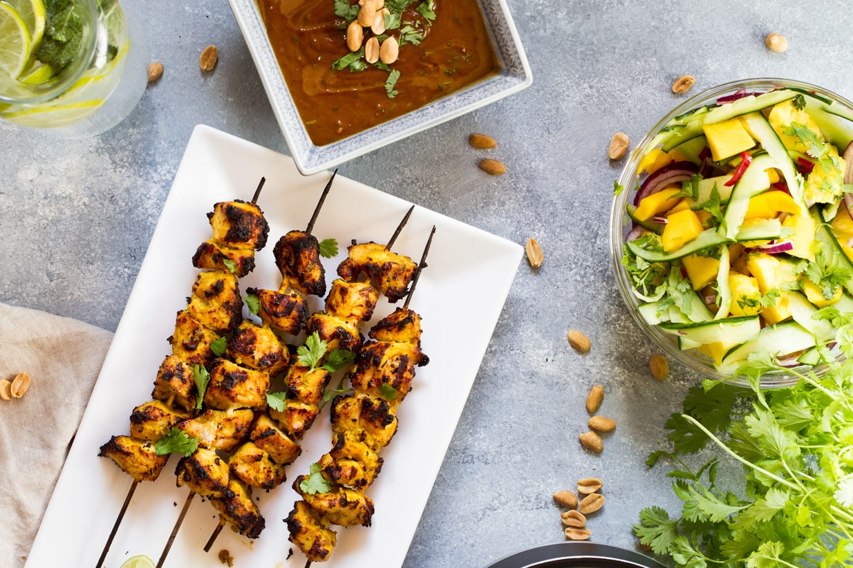Curry Coconut Chicken Satay with Mango Cucumber Salad