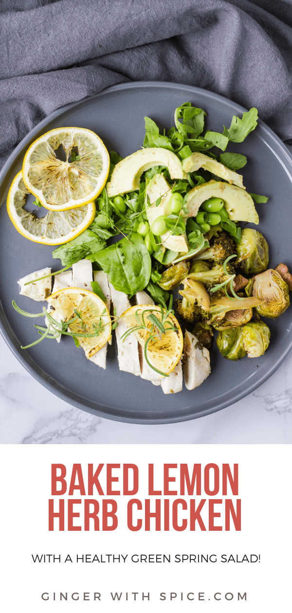 Pinterest pin for Baked Lemon Chicken with Green Spring Salad