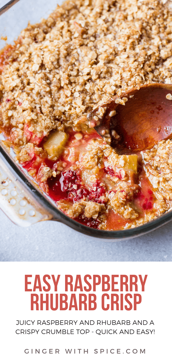 This delicious and Easy Rhubarb Crisp with Raspberries is quick and easy to put together. Easily customizable to be a strawberry rhubarb crisp too. Click for the recipe!