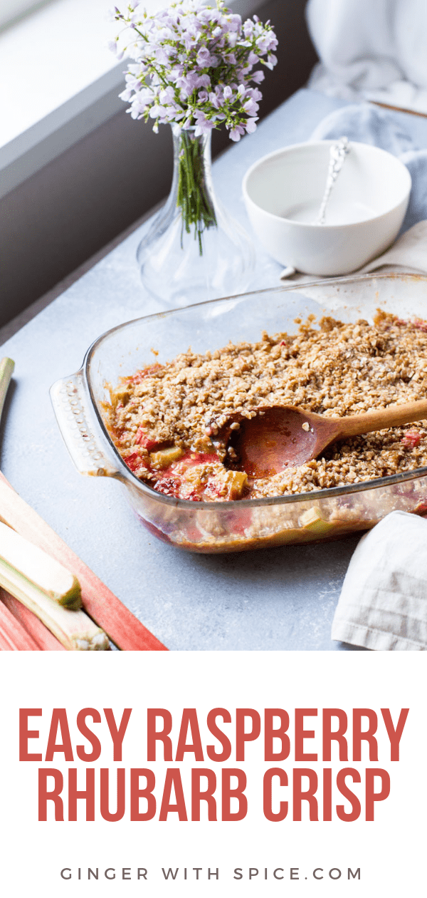 This delicious and Easy Rhubarb Crisp with Raspberries is quick and easy to put together. Easily customizable to be a strawberry rhubarb crisp too. Click for the recipe!