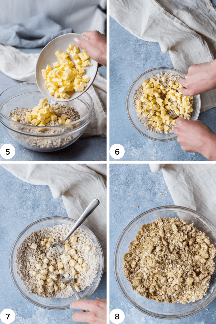 Step by step photos for cutting butter into flour for rhubarb crisp.