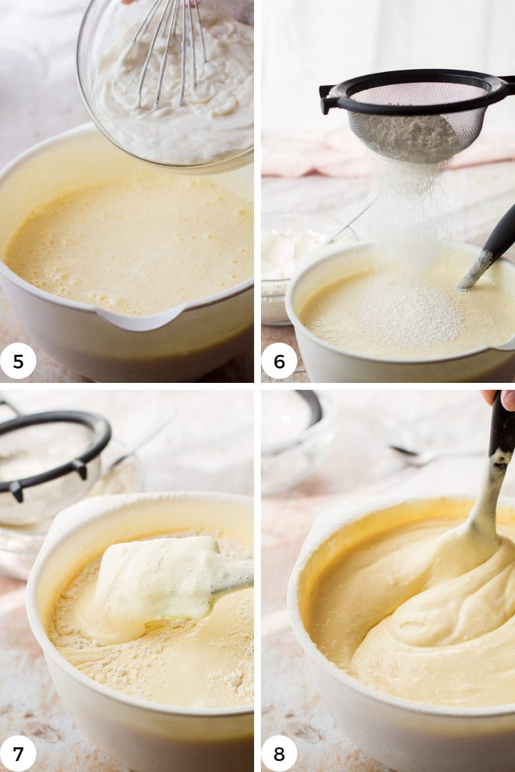 Step by step for folding and sifting batter.