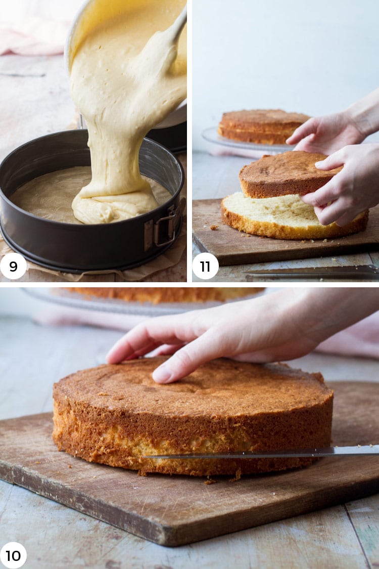 Step by step to slicing sponge cake.