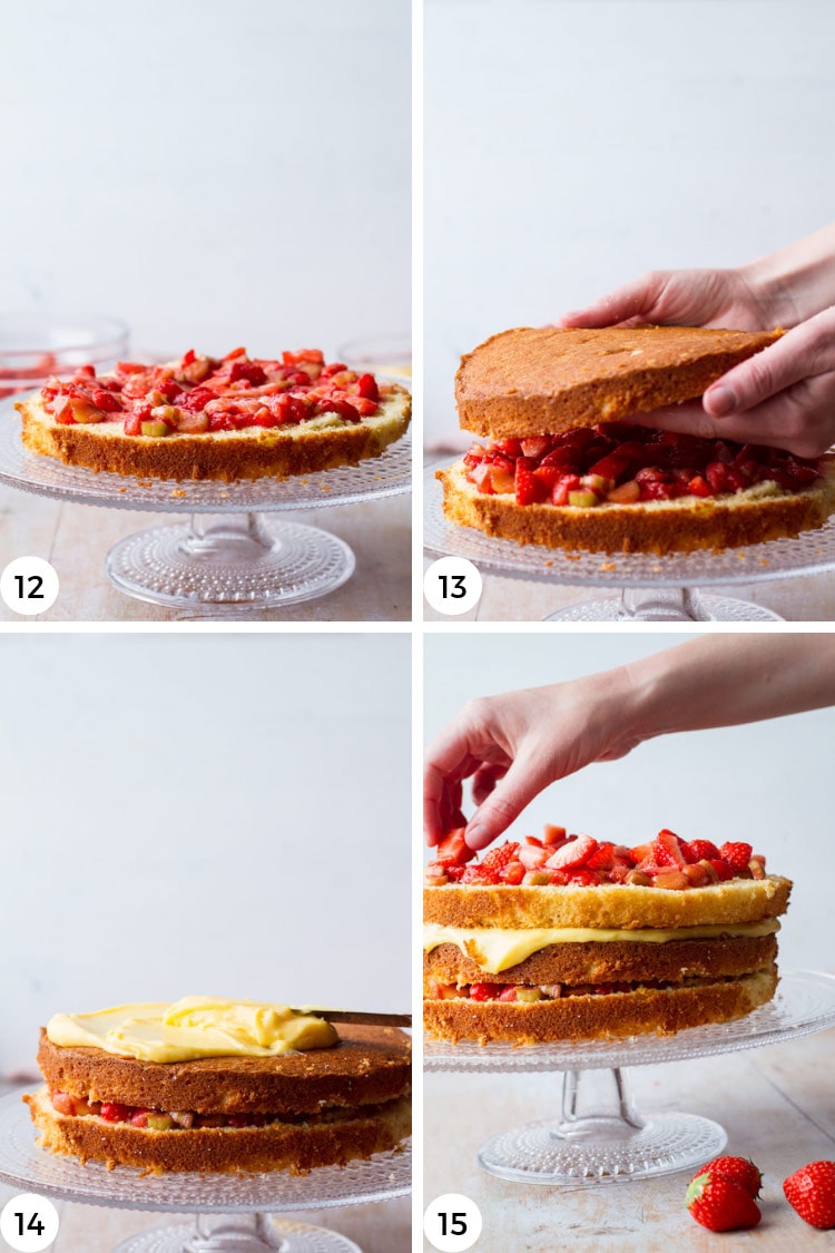 Step by step photos to assemble strawberry lemon curd cake.