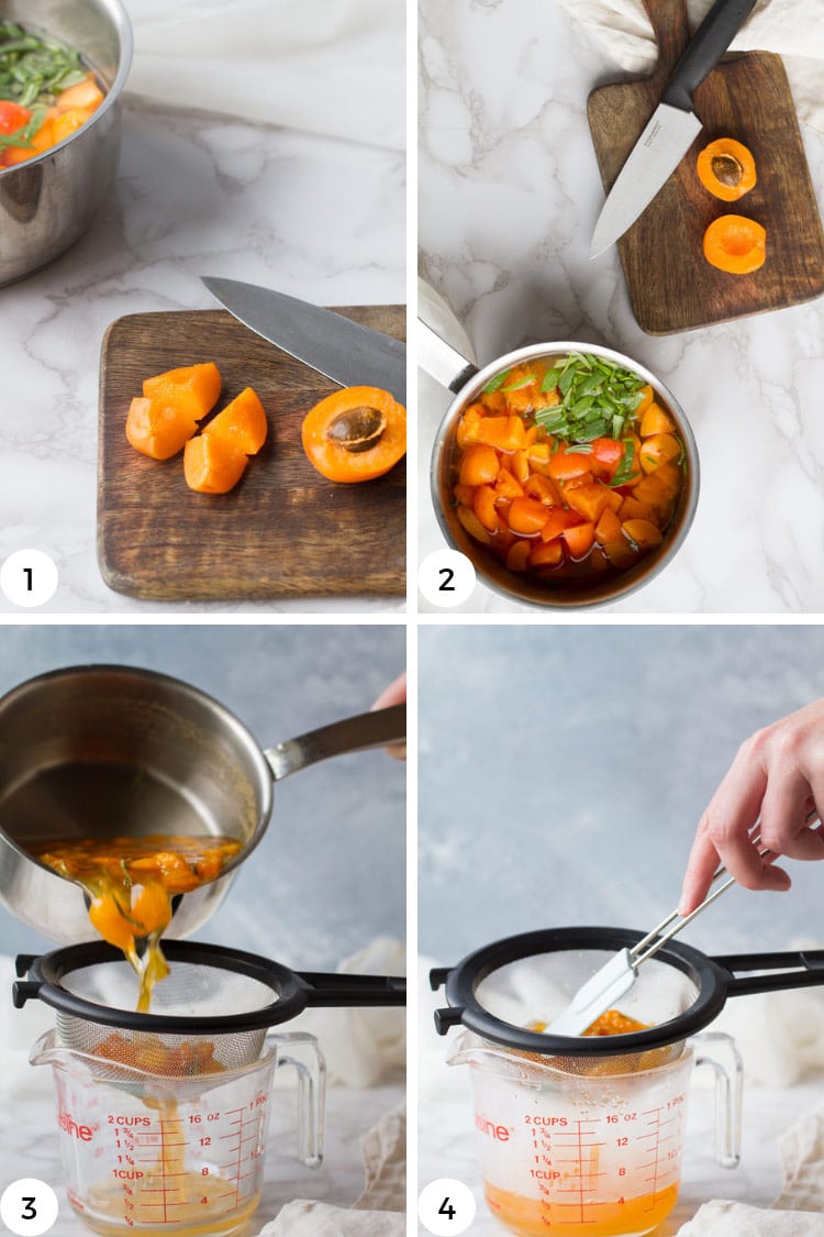 Step by step to make apricot rosemary simple syrup.