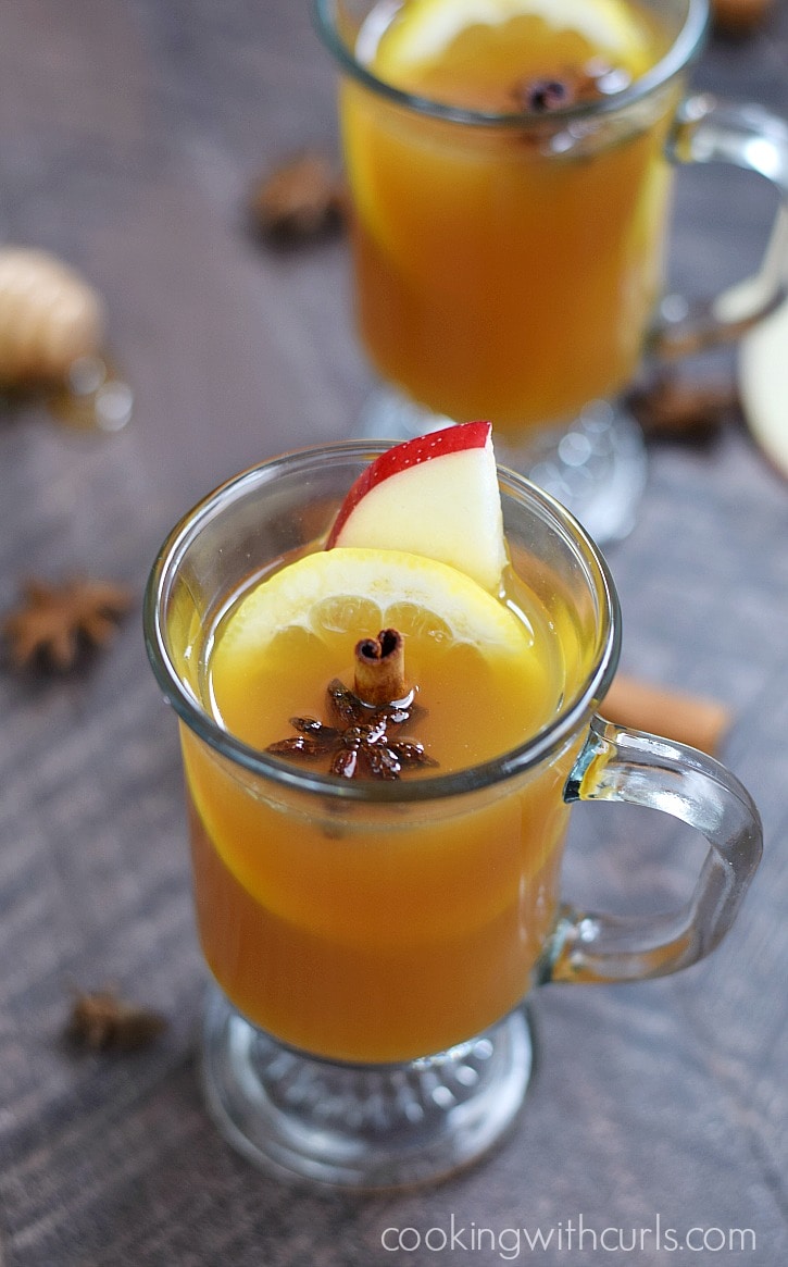 Hot Spiced Cider Toddy in two clear mugs. Garnished with apple and orange slices and star anis.