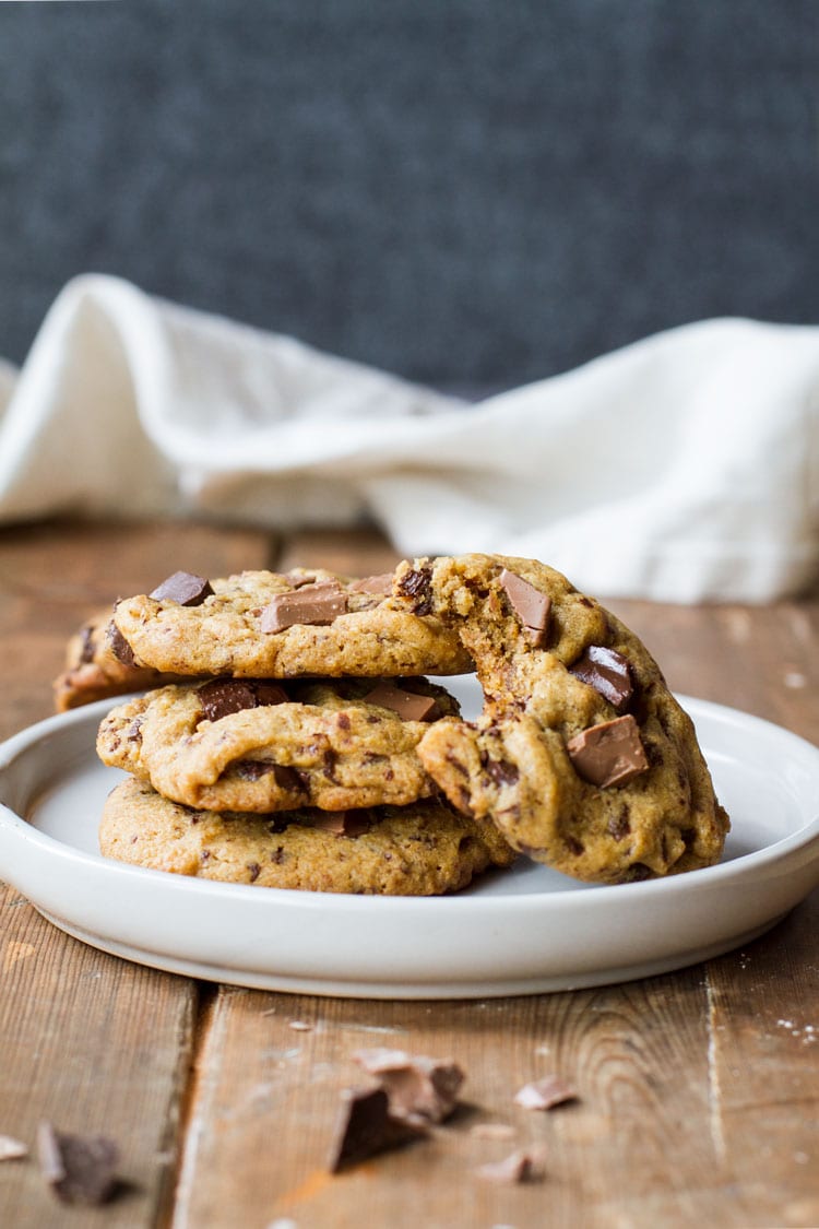 Peanut butter chocolate chip cookies on a plate.