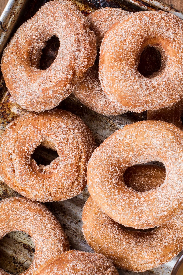 Apple cider donuts, flatlay and close-up.