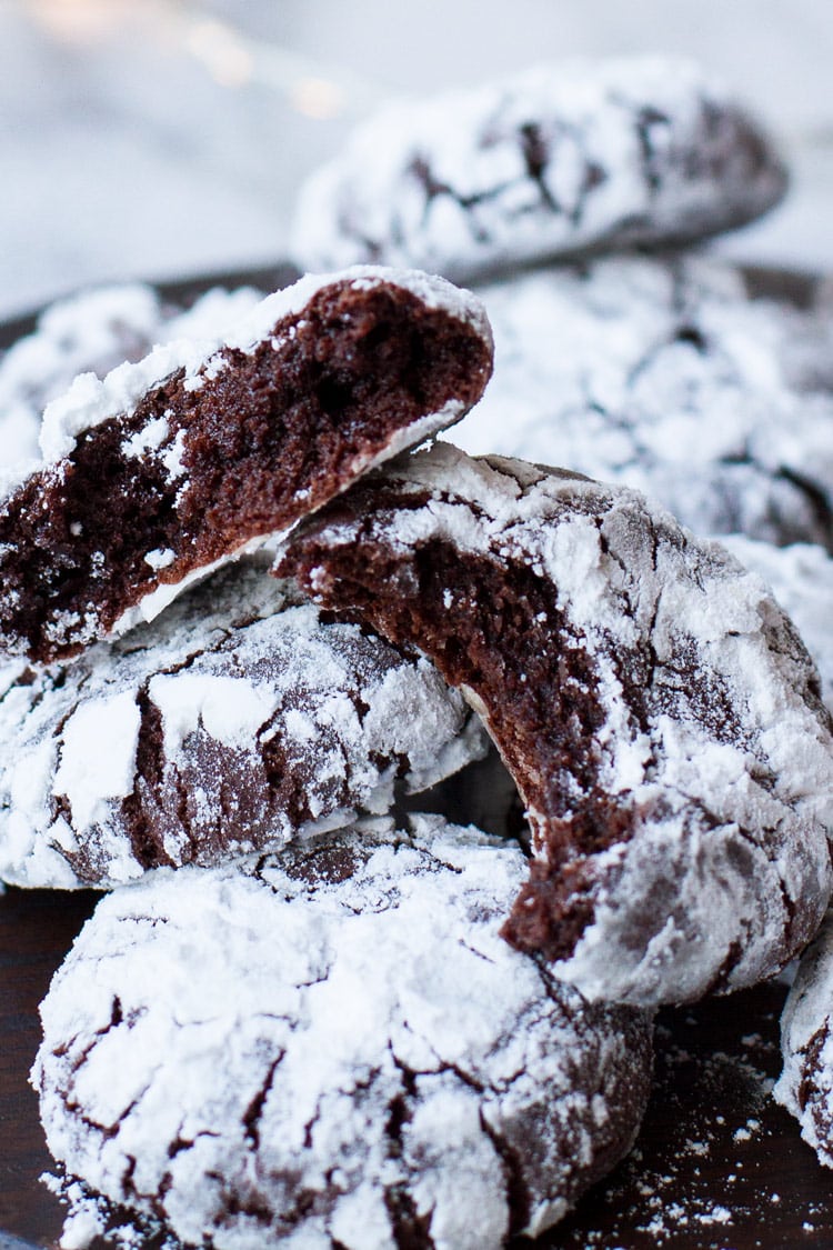 Chocolate crinkle cookies opened, close up.