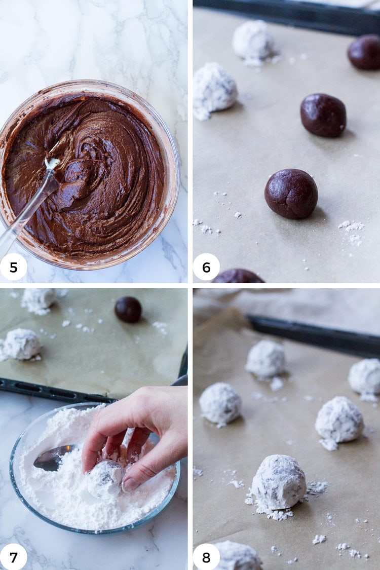 Steps to roll chocolate crinkle cookies.
