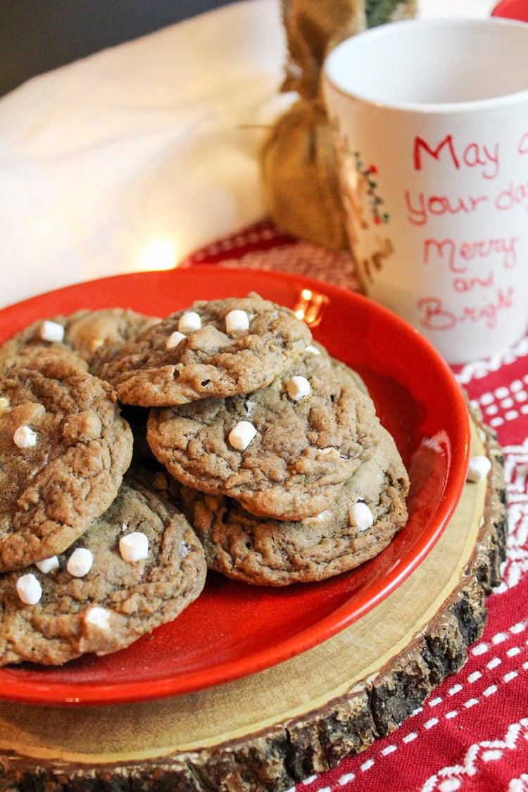 Chocolate chip cookies with small marshmallows on a red plate.