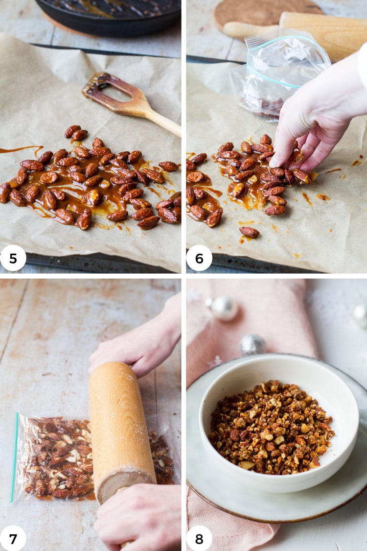 Steps to crush the almond crunch, or krokan.