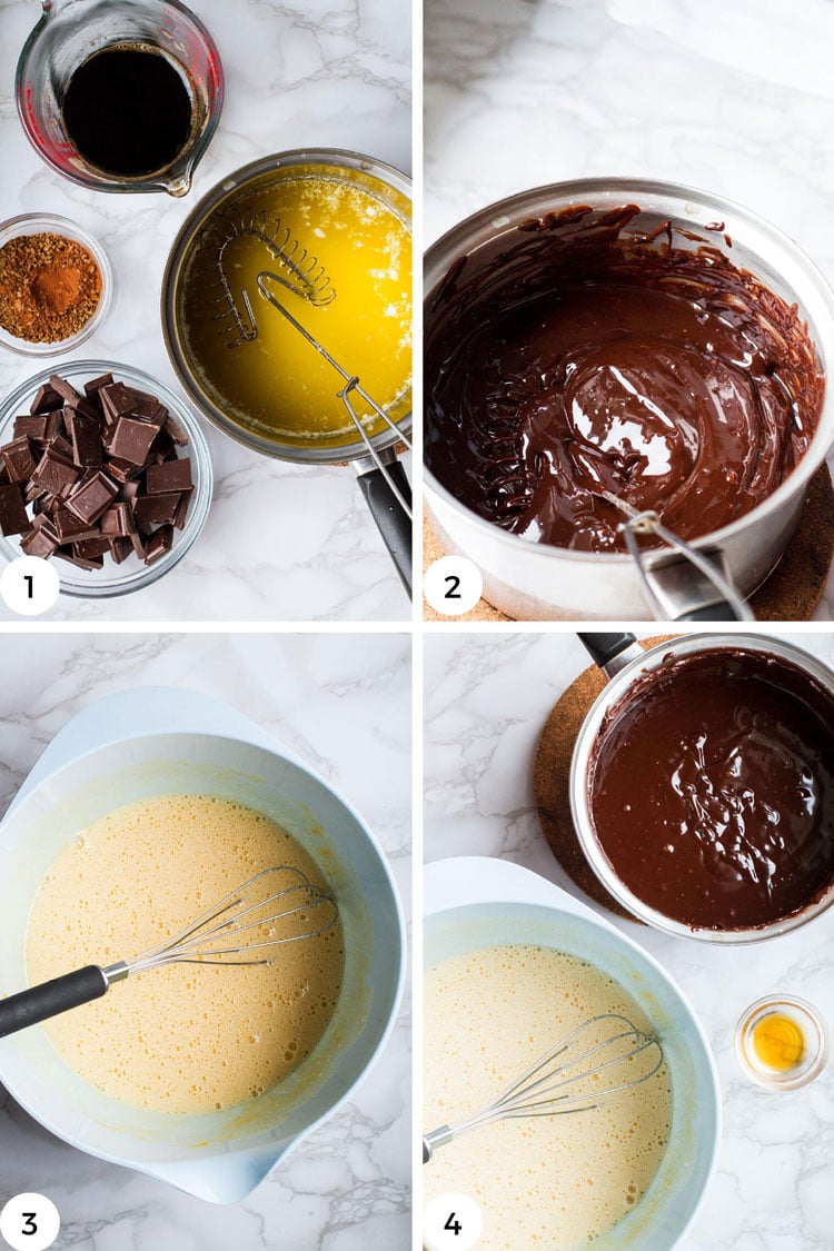 Steps on how to melt chocolate and whip eggs and sugar.