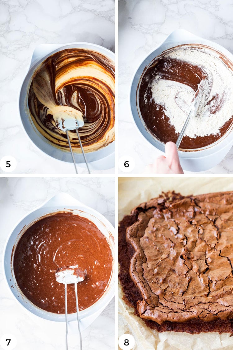 Steps on how to mix and fold the brownie batter.