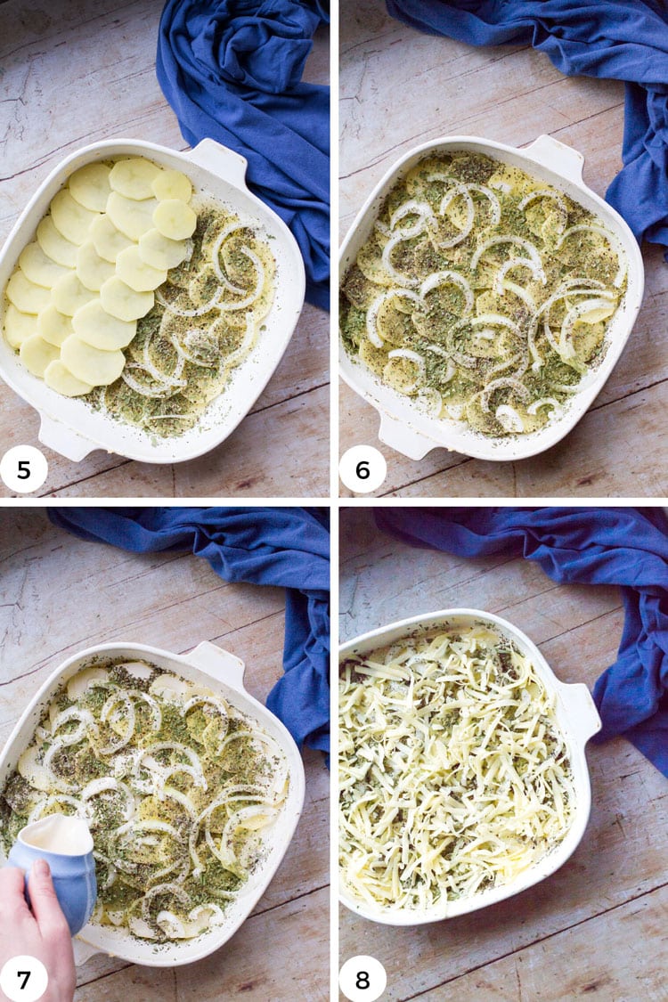 Steps how to layer scalloped potatoes.