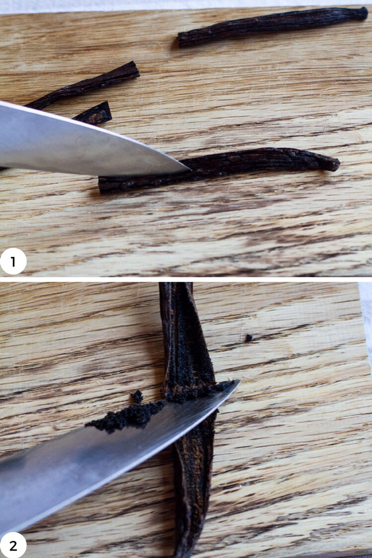 Steps to open up a vanilla bean.