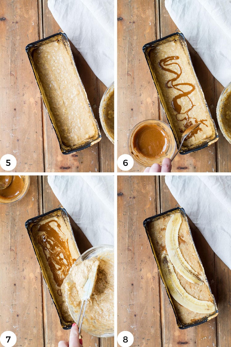 Steps to pour batter and cinnamon swirl in bread pan.