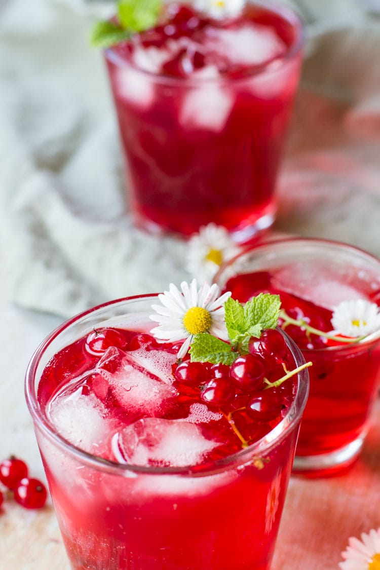 Three glasses with berry cordial and ice cubes. Garnished with flowers and mint leaves.