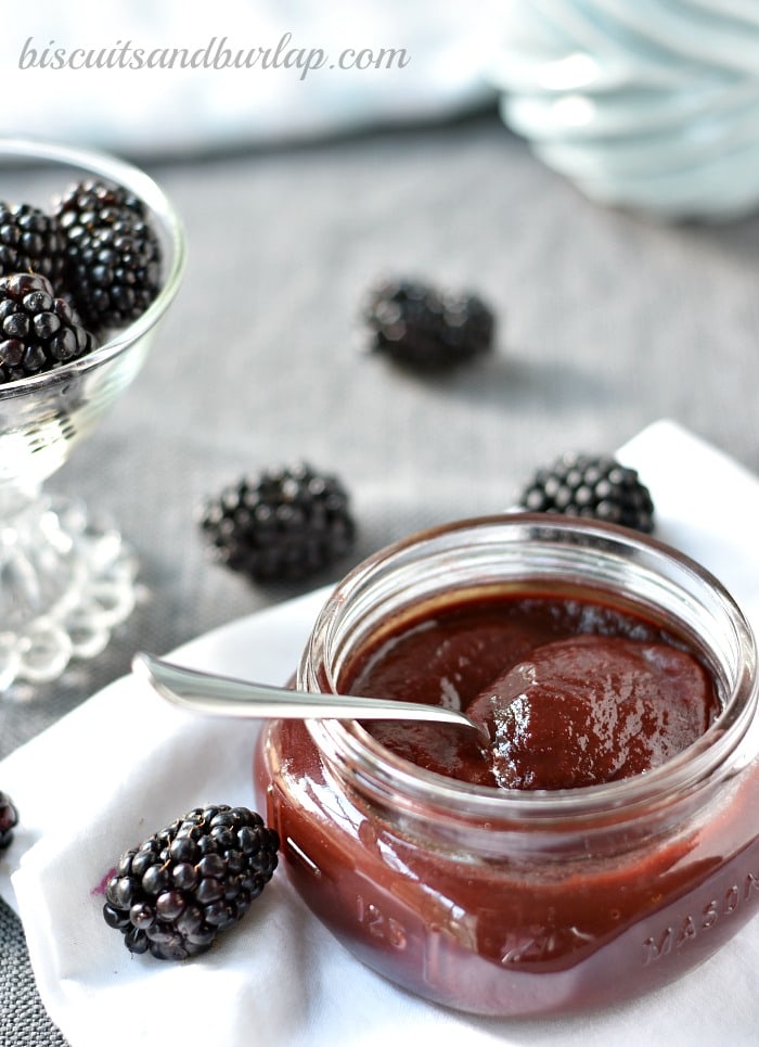Jar with blackberry BBQ sauce, with a spoon. Blackberries scattered around.