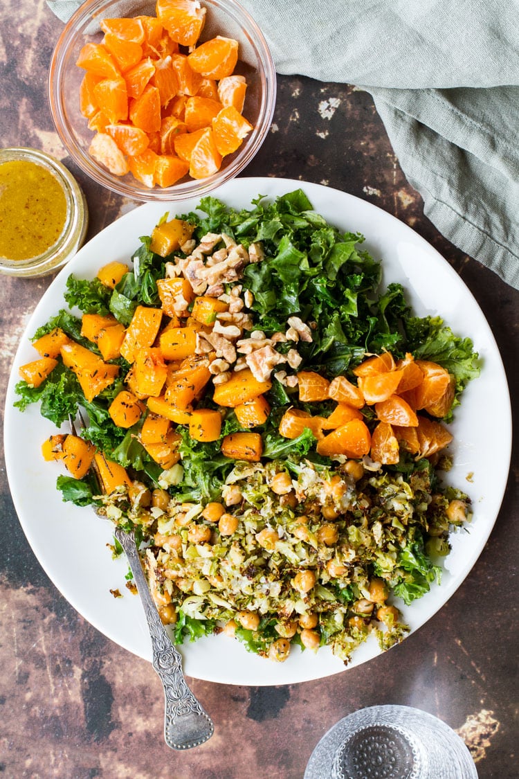 Butternut squash kale salad seen from above.